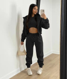 Black Solid Color Cotton Blended Sports Hooded Sweatshirt Three Piece Set