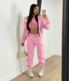 Black Solid Color Cotton Blended Sports Hooded Sweatshirt Three Piece Set