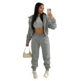 Black Solid Color Cotton Blended Sports Hooded Sweatshirt Three Piece Set