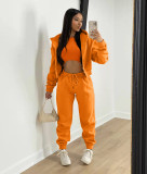 Black Solid Color Cotton Blended Sports Hooded Sweatshirt Three Piece Set