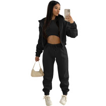 Black Solid Color Cotton Blended Sports Hooded Sweatshirt Three Piece Set