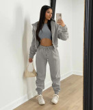 Black Solid Color Cotton Blended Sports Hooded Sweatshirt Three Piece Set