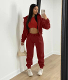 Black Solid Color Cotton Blended Sports Hooded Sweatshirt Three Piece Set