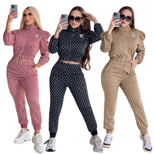 Casual Printed Embroidery Logo Turtleneck Sportswear Two-piece Set