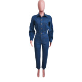 Stretch Calf Cuff Washed Denim Jumpsuit