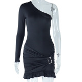 Metallic Accent One-Shoulder Bodycon Dress with Ruffled Hem