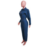 Stretch Calf Cuff Washed Denim Jumpsuit