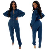 Stretch Calf Cuff Washed Denim Jumpsuit