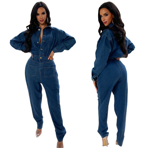 Stretch Calf Cuff Washed Denim Jumpsuit