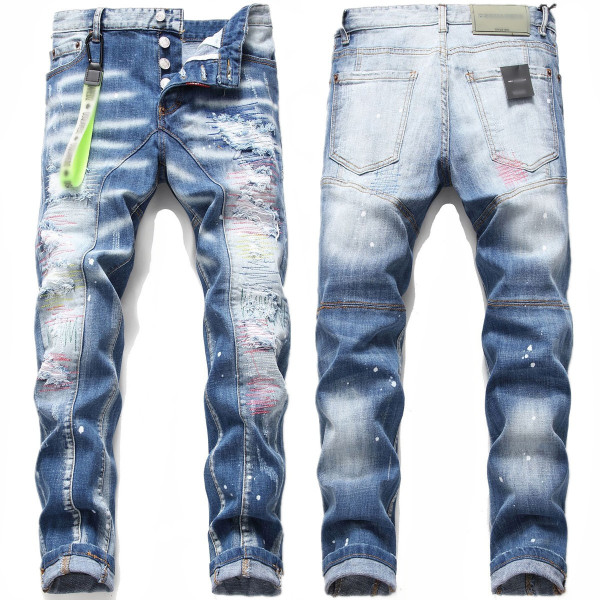 Men's Slim Fit Distressed Patchwork Denim Jeans