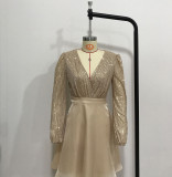 Women Sequin Dress Deep V Neck Long Sleeve Dresses Sexy Elegant Sparkly Glitter Mini Party Cocktail Dress
