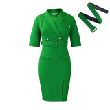 2024 Fashion Solid Color Office V-neck Belt Split Midi Dress Elegant Women Half Sleeve OL Commuter Slim Pencil Dress