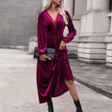 Solid Color V Neck Velvet Knitted Long Dress