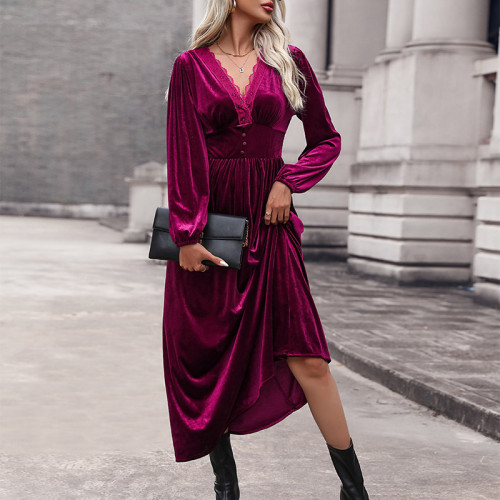 Solid Color V Neck Velvet Knitted Long Dress