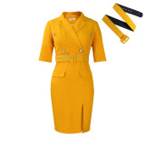 2024 Fashion Solid Color Office V-neck Belt Split Midi Dress Elegant Women Half Sleeve OL Commuter Slim Pencil Dress