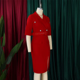 2024 Fashion Solid Color Office V-neck Belt Split Midi Dress Elegant Women Half Sleeve OL Commuter Slim Pencil Dress