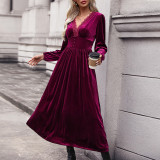 Solid Color V Neck Velvet Knitted Long Dress
