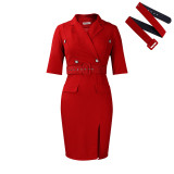 2024 Fashion Solid Color Office V-neck Belt Split Midi Dress Elegant Women Half Sleeve OL Commuter Slim Pencil Dress