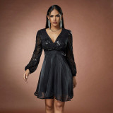 Women Sequin Dress Deep V Neck Long Sleeve Dresses Sexy Elegant Sparkly Glitter Mini Party Cocktail Dress