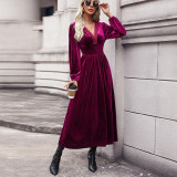 Solid Color V Neck Velvet Knitted Long Dress