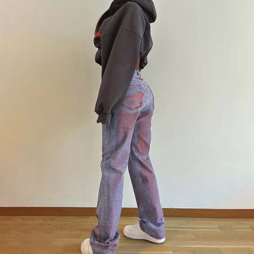 Distinctive Tie-Dye Prints High-Waisted Straight-Leg inelasticity Denim Pants