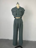 Women Fashion Solid Color Lapel Pocket Short Sleeve Blouse Wide Leg Pants Two-Piece Cargo Set