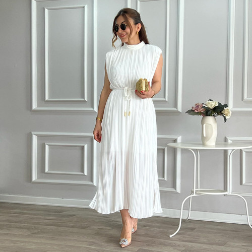 Women's Fashionable Simple Half Turtleneck Slim Waist Slim Fit Belt Maxi Dress