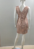 Sequin Dresses for Wedding Mid Length V Neck Wrap Ruched Dresses Elegant Party Cocktail Short Dress