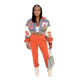 Women Casual Pocket Print Hoodie Baseball Jacket and Pant Two-Piece Set