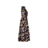 Floral Print V Neck Ruffle Trim A Line Dress