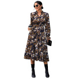 Floral Print V Neck Ruffle Trim A Line Dress