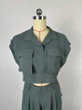 Women Fashion Solid Color Lapel Pocket Short Sleeve Blouse Wide Leg Pants Two-Piece Cargo Set