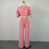 Pink Sweet Solid Patchwork Draw String Pocket Buckle V Neck Half Sleeve Two Pieces