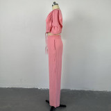 Pink Sweet Solid Patchwork Draw String Pocket Buckle V Neck Half Sleeve Two Pieces