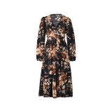 Floral Print Surplice Neck Ruffle Trim A Line Dress