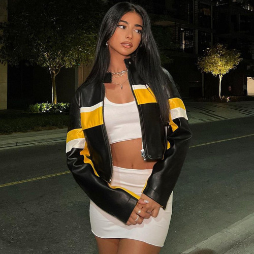 Motorcycle Style Color-Block High Neck Zipper Long Sleeve Slim Fit Short PU Leather Jacket