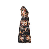 Floral Print Surplice Neck Ruffle Trim A Line Dress
