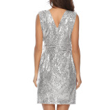 Sequin Dresses for Wedding Mid Length V Neck Wrap Ruched Dresses Elegant Party Cocktail Short Dress