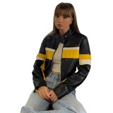 Motorcycle Style Color-Block High Neck Zipper Long Sleeve Slim Fit Short PU Leather Jacket