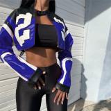 Letter Embroidery Color Patchwork PU Leather Varsity Jacket