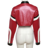 Letter Embroidery Color Patchwork PU Leather Varsity Jacket