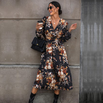 Floral Print Surplice Neck Ruffle Trim A Line Dress