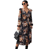 Floral Print Surplice Neck Ruffle Trim A Line Dress