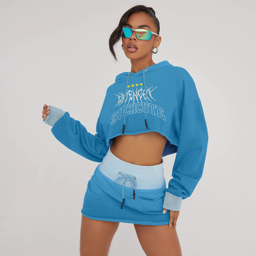 Y2k Women 2023 Fashion Long Sleeve Crop Hoodies Booty Skirt Set