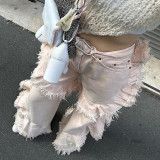 High-waist Zipper Spliced Tassel Loose Flare Pink Denim Pants