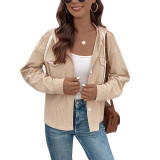 Solid Corduroy Drawstring Hooded Jacket Retro Cardigan with Pocket