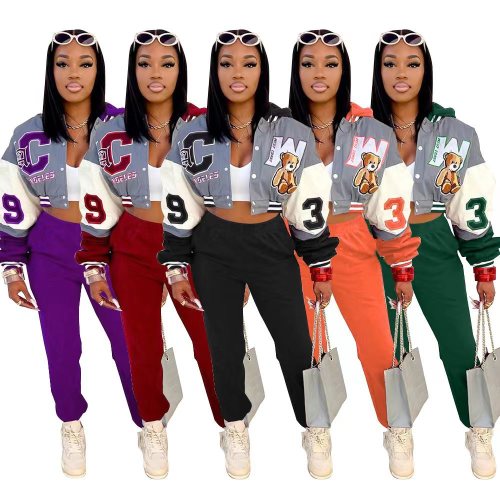 Women Casual Pocket Print Hoodie Baseball Jacket and Pant Two-Piece Set