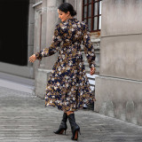 Floral Print V Neck Ruffle Trim A Line Dress