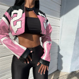 Letter Embroidery Color Patchwork PU Leather Varsity Jacket