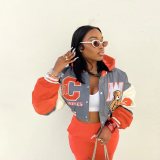 Women Casual Pocket Print Hoodie Baseball Jacket and Pant Two-Piece Set